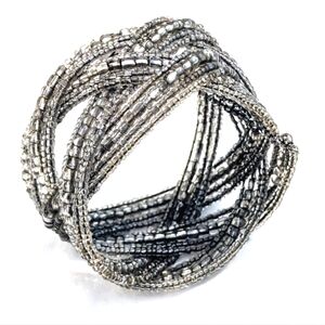 Boho Silver Grey Glass Bead Flex Cuff Bracelet